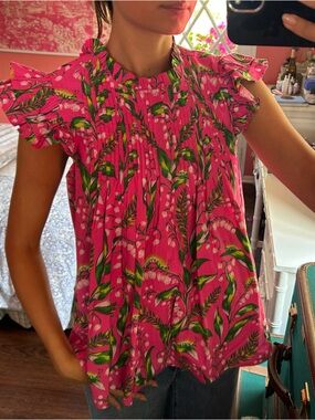 Flutter Sleeve Pink Tropical Print Women's Top